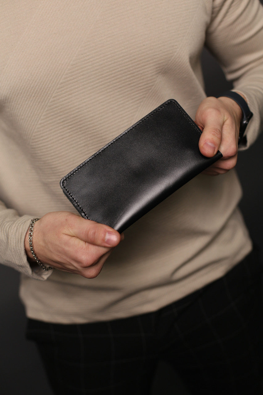 Handmade Black Leather Mens Wallet Gift For Him Classic Long Wallet