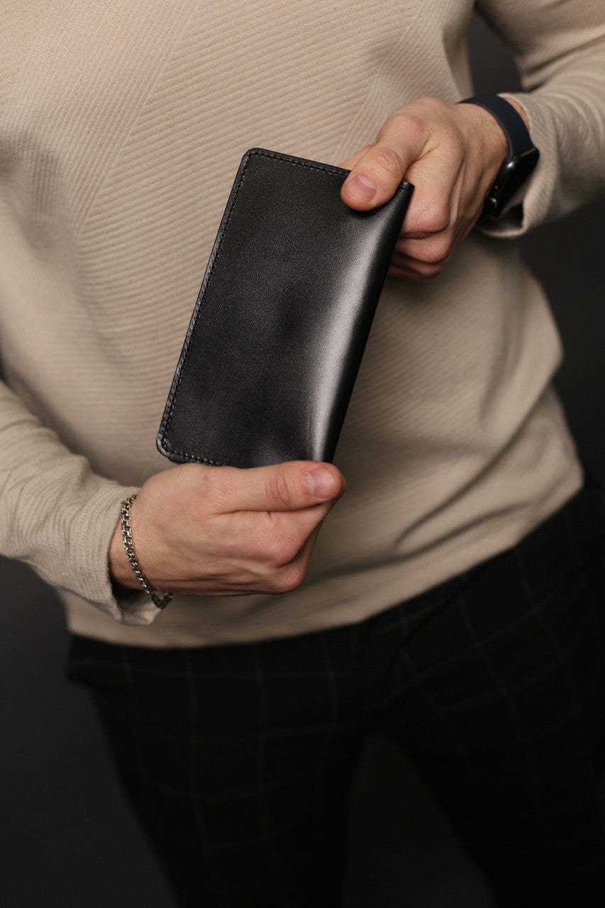 Handmade Black Leather Mens Wallet Gift For Him Classic Long Wallet