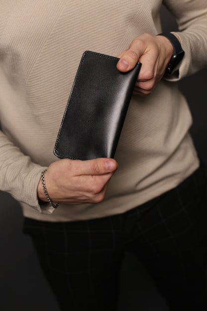 Handmade Black Leather Mens Wallet Gift For Him Classic Long Wallet