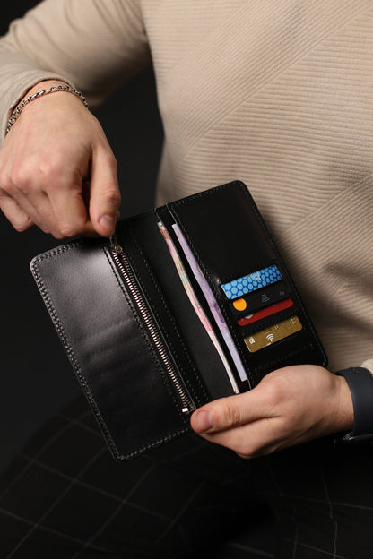 Handmade Black Leather Mens Wallet Gift For Him Classic Long Wallet