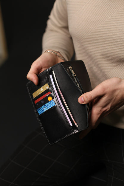 Handmade Black Leather Mens Wallet Gift For Him Classic Long Wallet