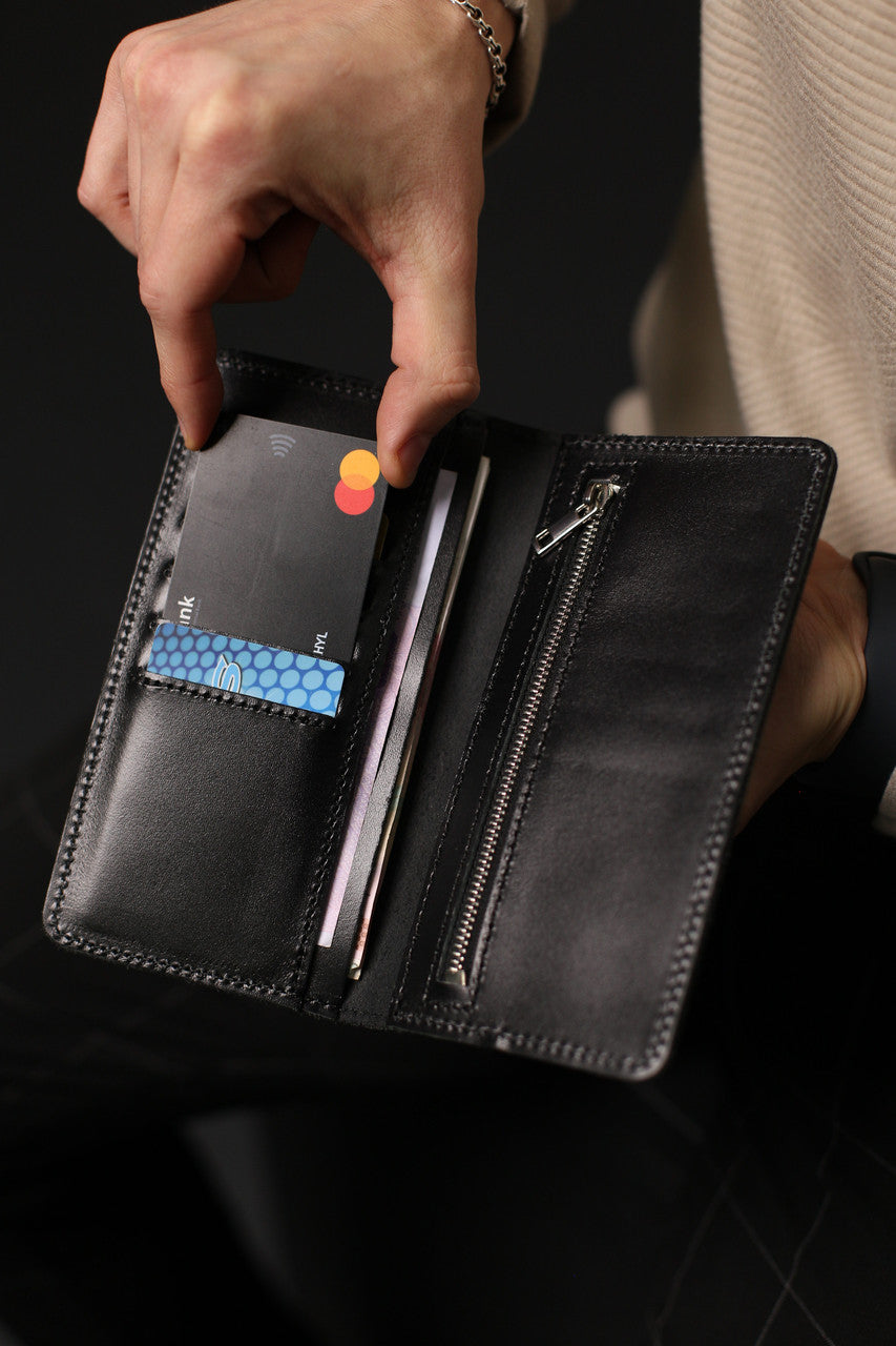 Handmade Black Leather Mens Wallet Gift For Him Classic Long Wallet