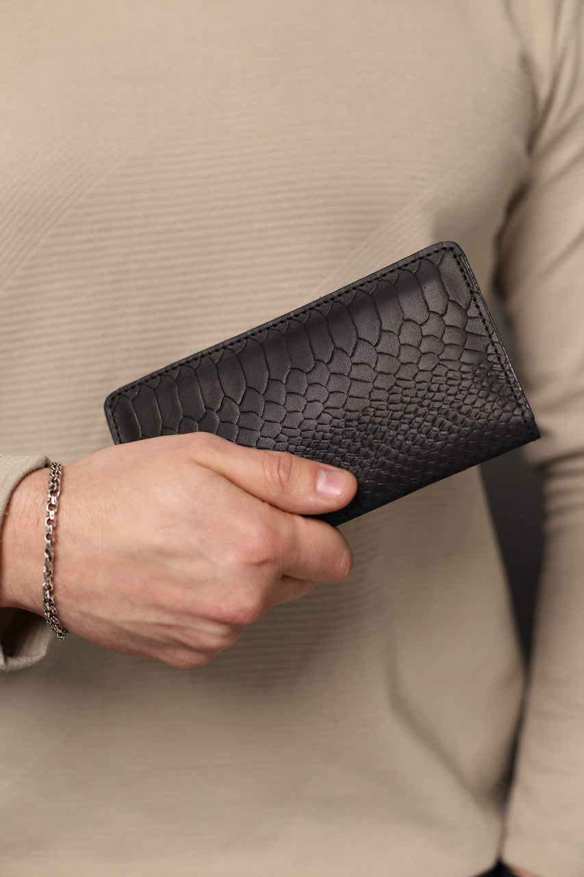 Handmade Mens Wallet Genuine Leather Black Python Embossing Gift for Him