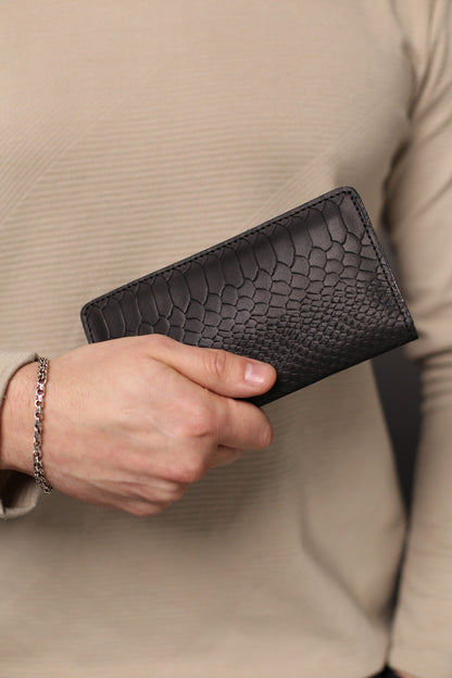 Handmade Mens Wallet Genuine Leather Black Python Embossing Gift for Him