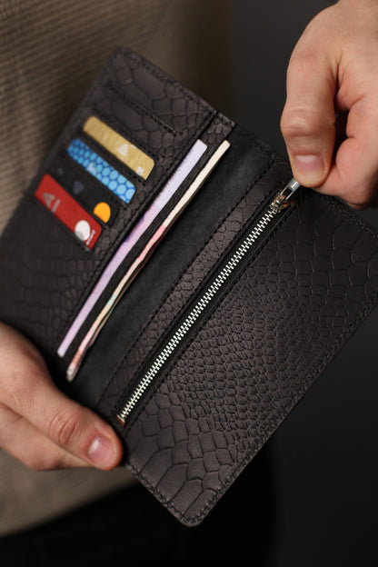 Handmade Mens Wallet Genuine Leather Black Python Embossing Gift for Him