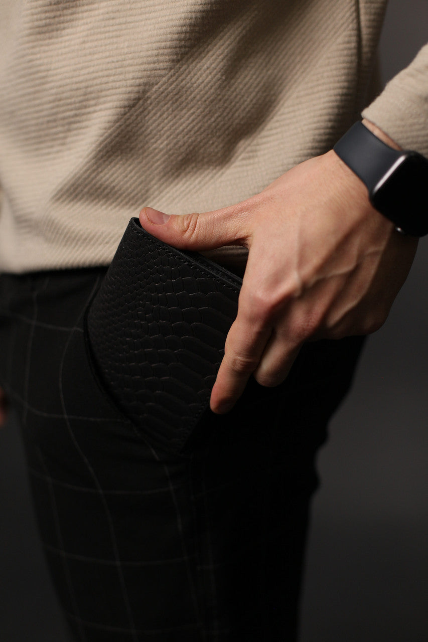Handmade Mens Wallet Genuine Leather Black Python Embossing Gift for Him