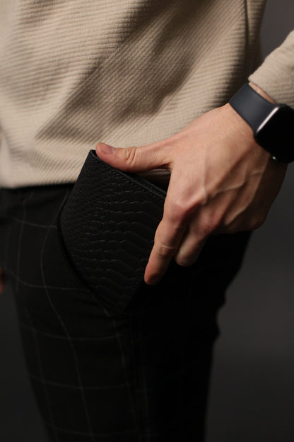 Handmade Mens Wallet Genuine Leather Black Python Embossing Gift for Him
