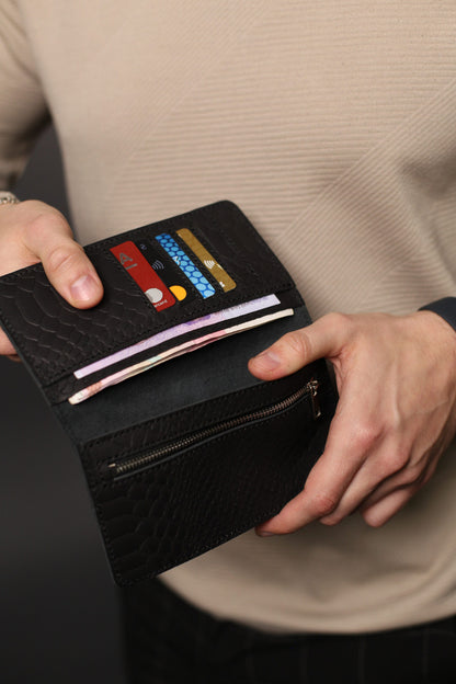 Handmade Mens Wallet Genuine Leather Black Python Embossing Gift for Him