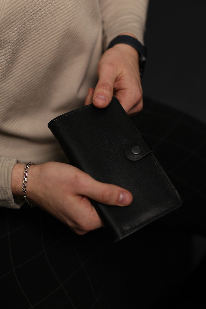 Mens Black Leather Long Wallet Handmade Gift for Him