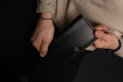 Mens Black Leather Long Wallet Handmade Gift for Him