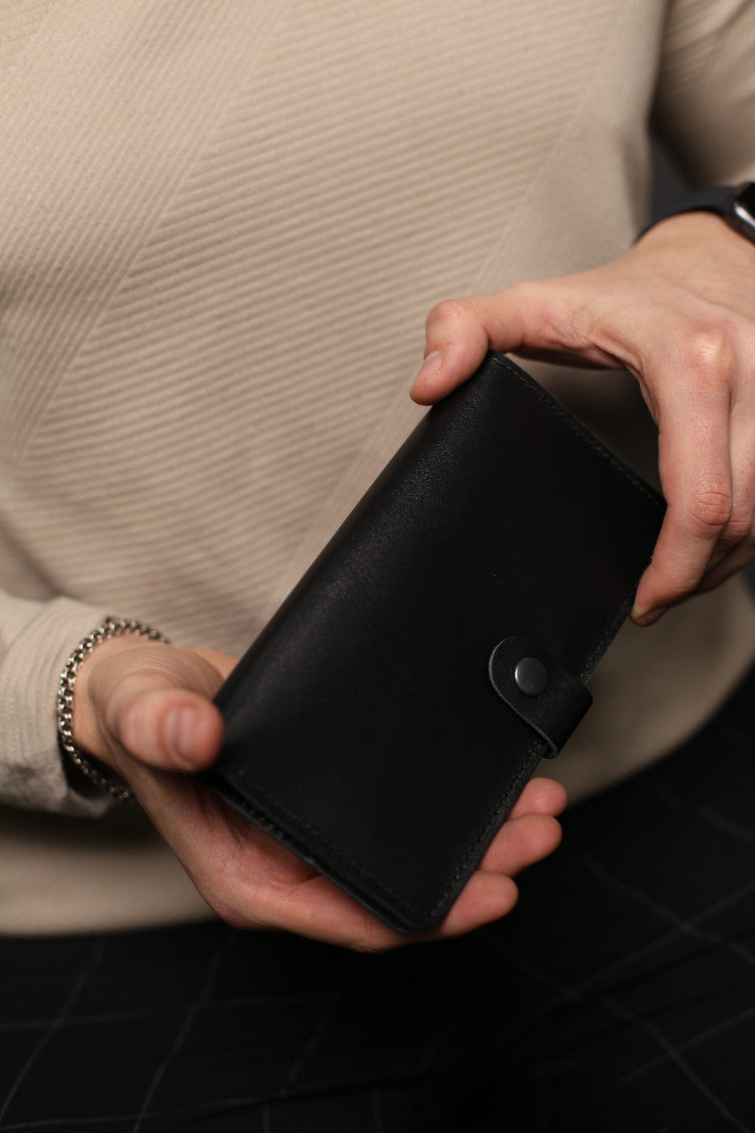 Mens Black Leather Long Wallet Handmade Gift for Him