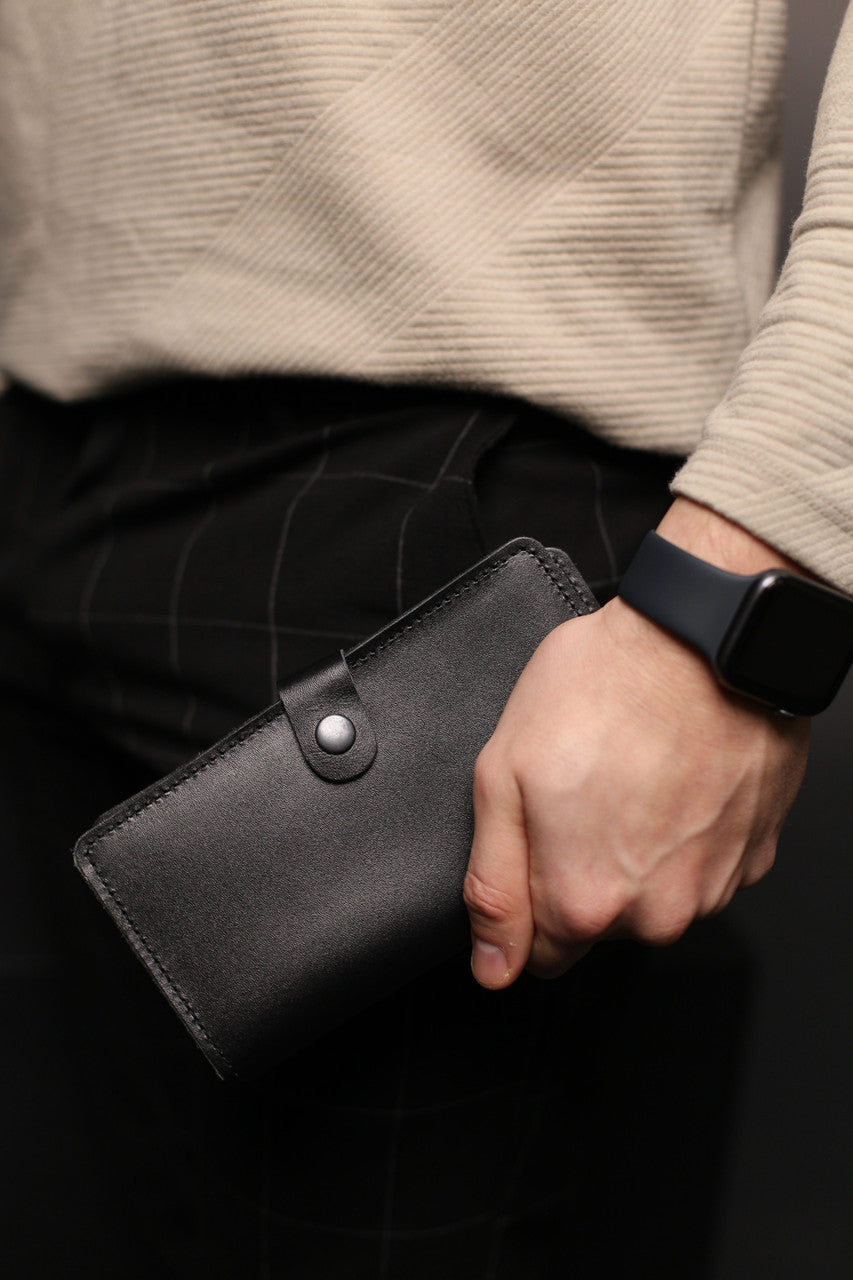 Mens Black Leather Long Wallet Handmade Gift for Him