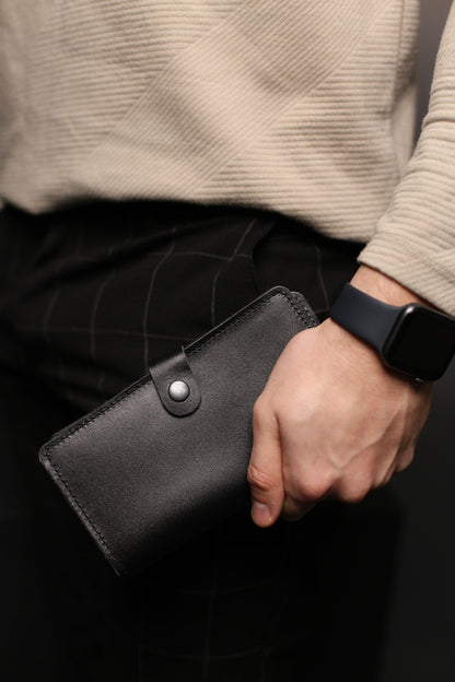 Mens Black Leather Long Wallet Handmade Gift for Him