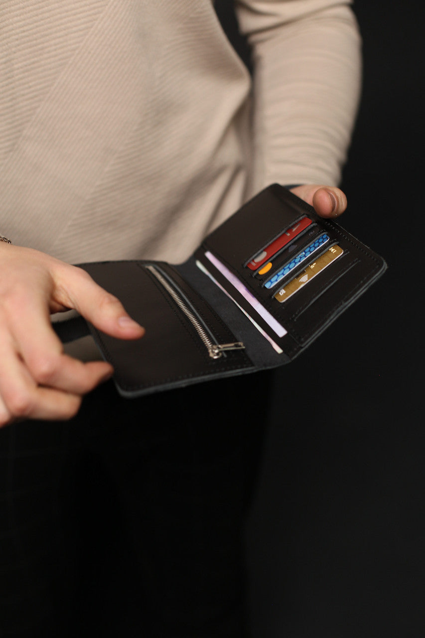 Mens Black Leather Long Wallet Handmade Gift for Him