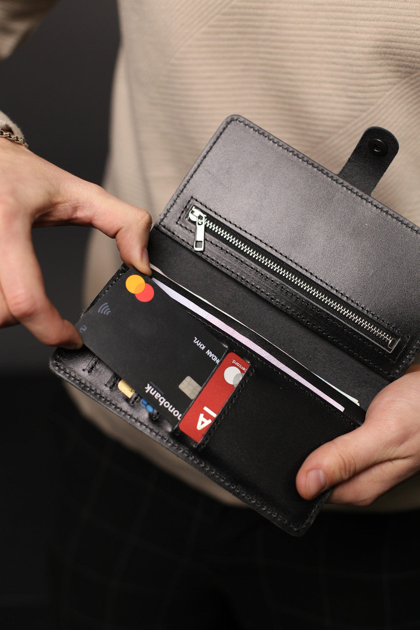 Mens Black Leather Long Wallet Handmade Gift for Him