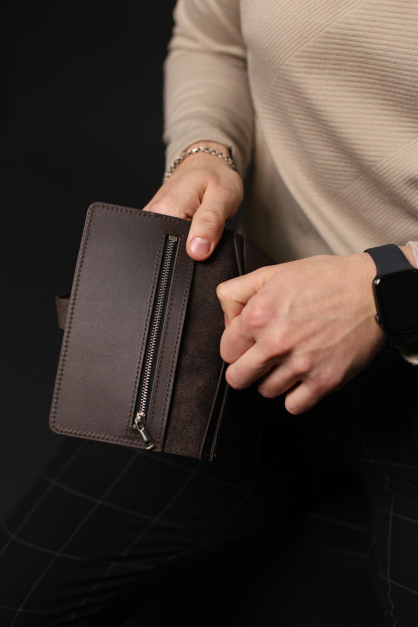 Handmade Genuine Leather Mens Wallet Brown Long Wallet Gift for Him