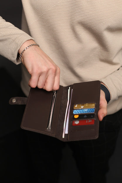Handmade Genuine Leather Mens Wallet Brown Long Wallet Gift for Him