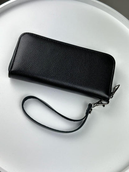 Handmade Black Genuine Leather Mens Clutch Wallet Gift for Him Wrist Strap Zip Closure