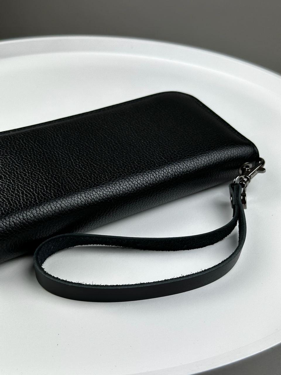 Handmade Black Genuine Leather Mens Clutch Wallet Gift for Him Wrist Strap Zip Closure