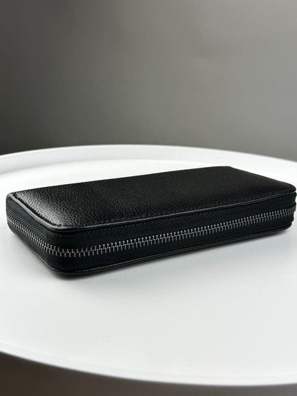 Handmade Black Genuine Leather Mens Clutch Wallet Gift for Him Wrist Strap Zip Closure