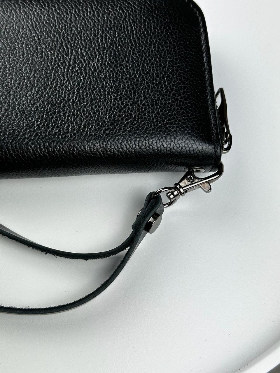 Handmade Black Genuine Leather Mens Clutch Wallet Gift for Him Wrist Strap Zip Closure