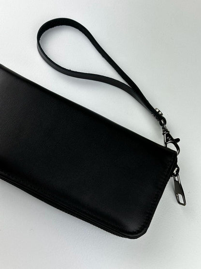 Mens Handmade Genuine Leather Clutch Wallet Black Wristlet Gift for Him