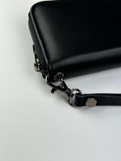 Mens Handmade Genuine Leather Clutch Wallet Black Wristlet Gift for Him