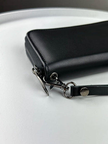 Mens Handmade Genuine Leather Clutch Wallet Black Wristlet Gift for Him