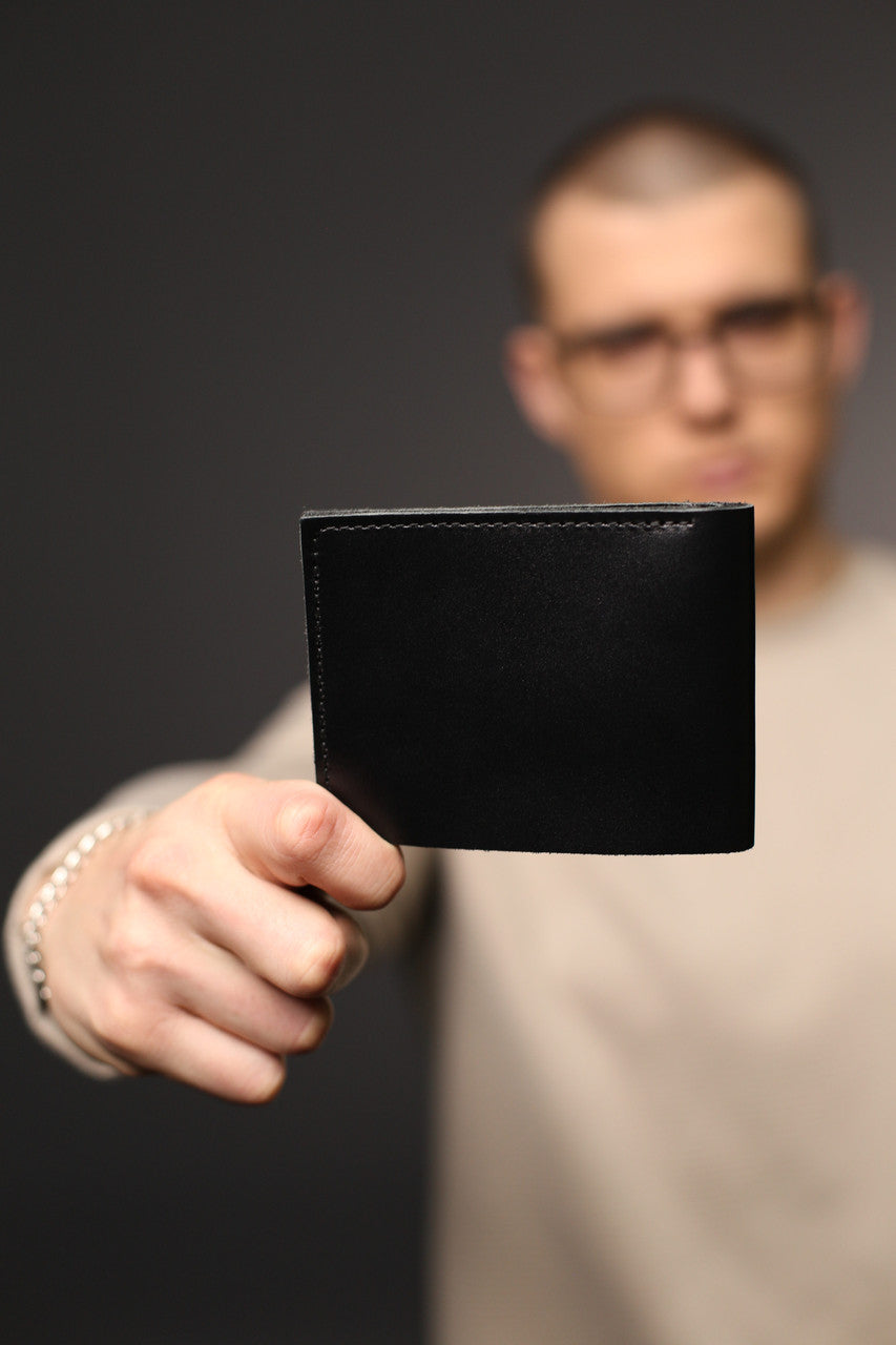 Handmade Mens Bifold Wallet Genuine Leather Black Gift for Him