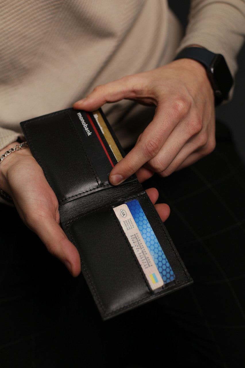 Handmade Mens Bifold Wallet Genuine Leather Black Gift for Him
