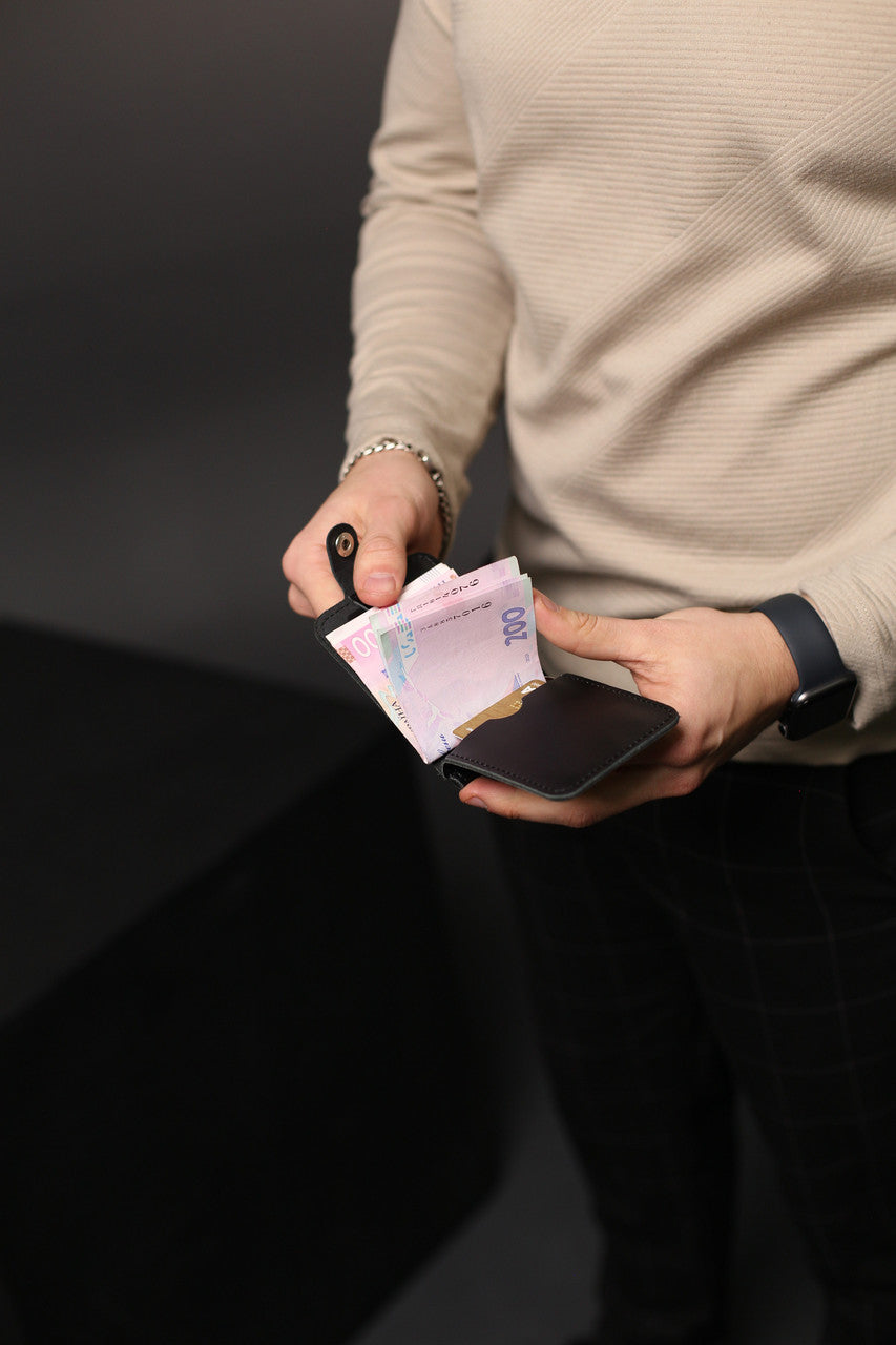 Handmade Black Leather Money Clip for Men gift for him Slim Leather Card Holder Wallet