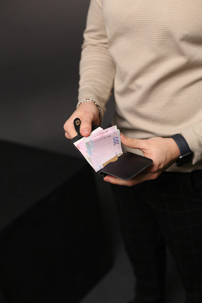 Handmade Black Leather Money Clip for Men gift for him Slim Leather Card Holder Wallet