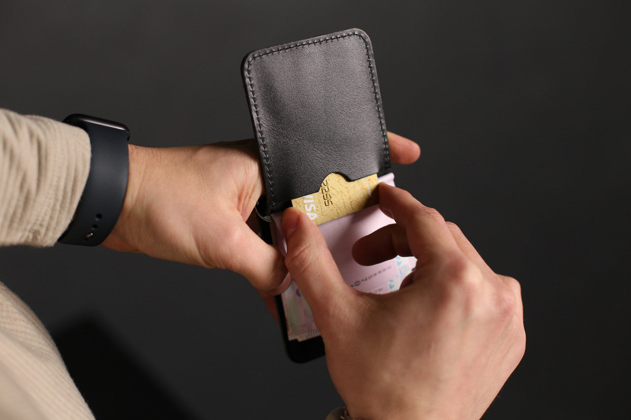 Handmade Black Leather Money Clip for Men gift for him Slim Leather Card Holder Wallet