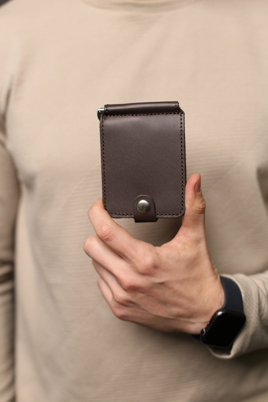 Mens Leather Money Clip Brown Handmade Gift for Him Slim Bill Holder with Card Slots