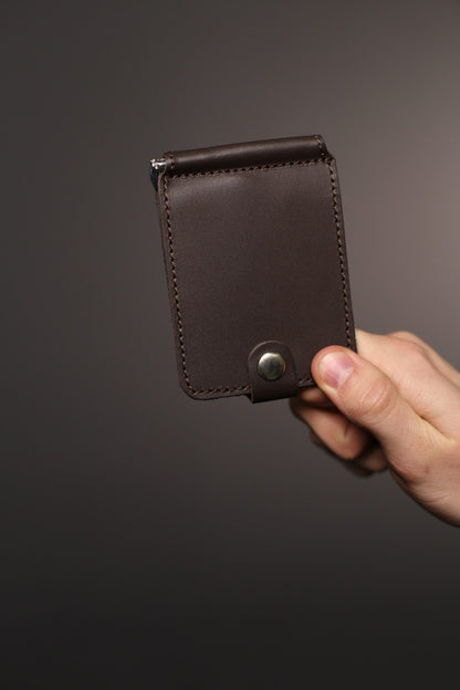 Mens Leather Money Clip Brown Handmade Gift for Him Slim Bill Holder with Card Slots