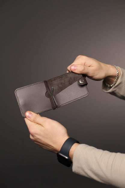 Mens Leather Money Clip Brown Handmade Gift for Him Slim Bill Holder with Card Slots