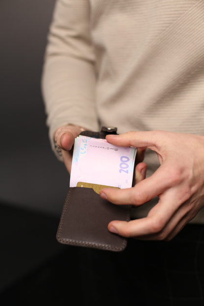 Mens Leather Money Clip Brown Handmade Gift for Him Slim Bill Holder with Card Slots