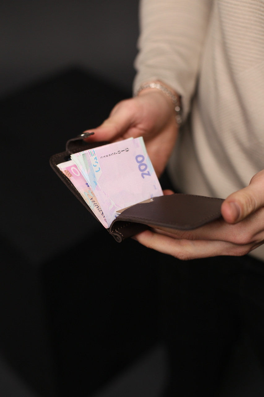 Mens Leather Money Clip Brown Handmade Gift for Him Slim Bill Holder with Card Slots