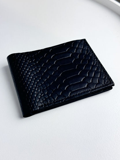 Mens Bifold Wallet Genuine Leather Black Python Embossing Handmade Gift for Him