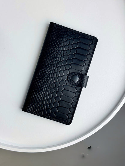 Mens Genuine Leather Wallet Black Python Embossing Handmade Gift For Him