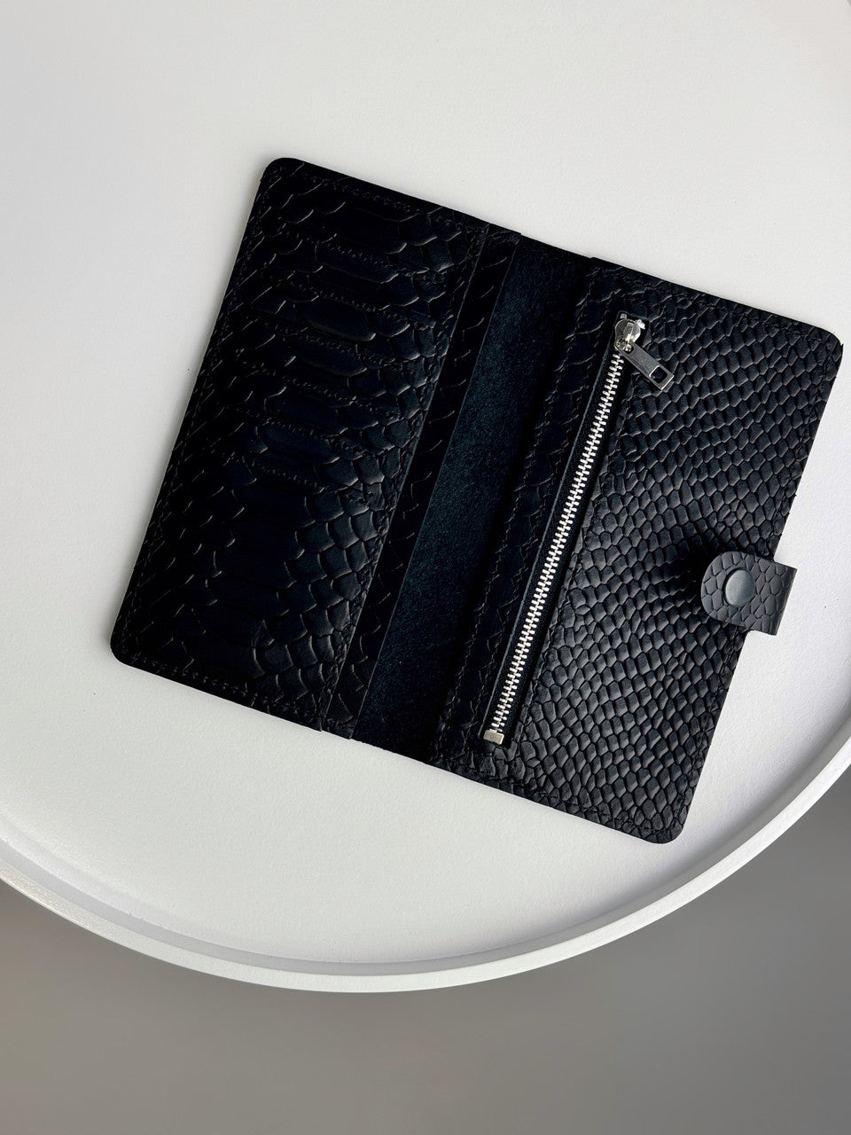 Mens Genuine Leather Wallet Black Python Embossing Handmade Gift For Him