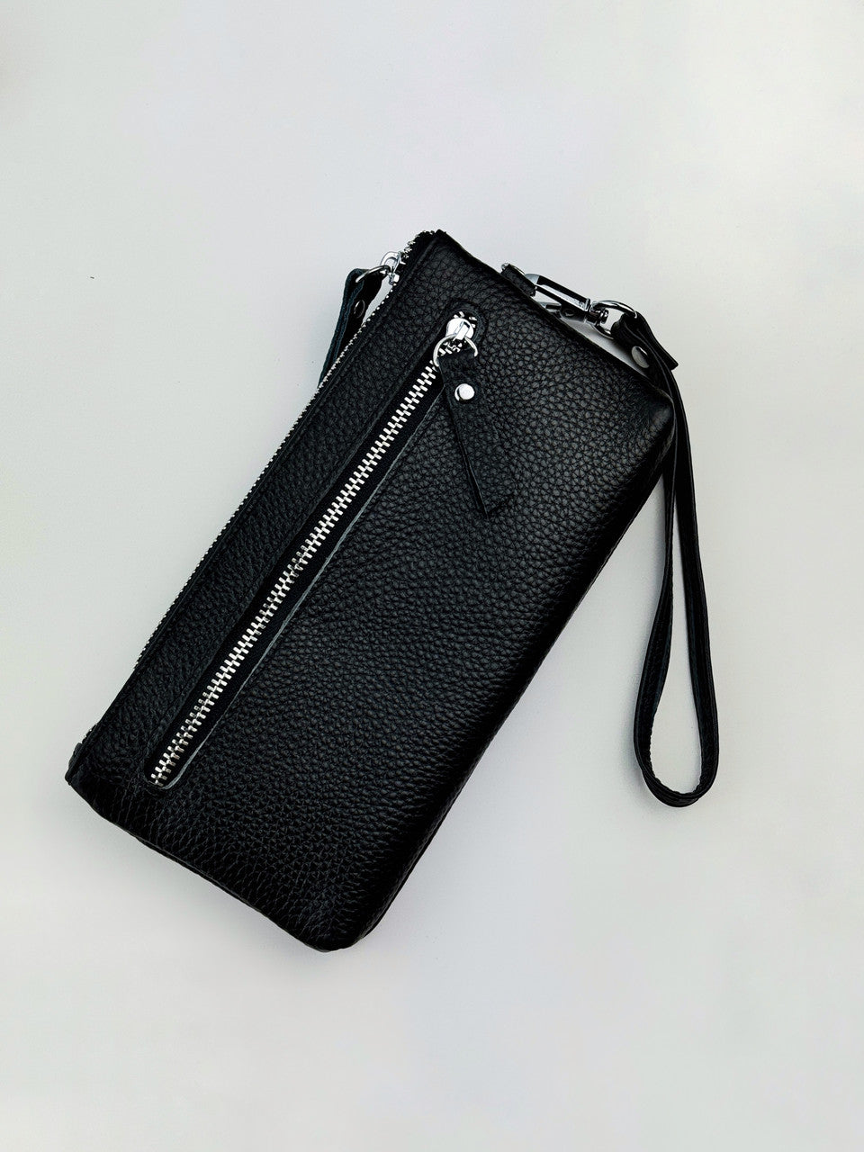 Handmade Black Leather Clutch Genuine Grain Leather Minimalist Wristlet Gift for Him