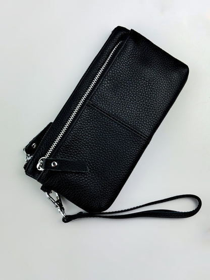 Handmade Black Leather Clutch Genuine Grain Leather Minimalist Wristlet Gift for Him