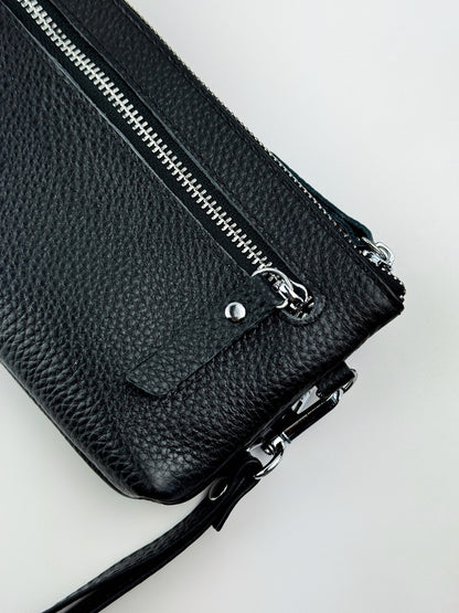 Handmade Black Leather Clutch Genuine Grain Leather Minimalist Wristlet Gift for Him