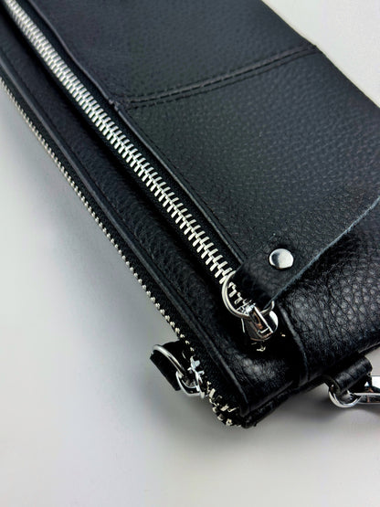 Handmade Black Leather Clutch Genuine Grain Leather Minimalist Wristlet Gift for Him