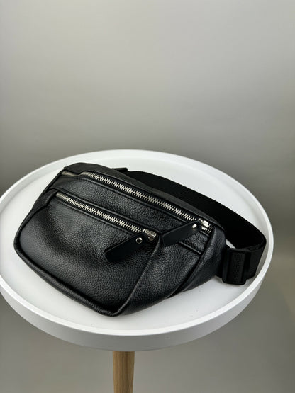 Handmade Mens Leather Banana Bag Black Waist Bag Gift For Him