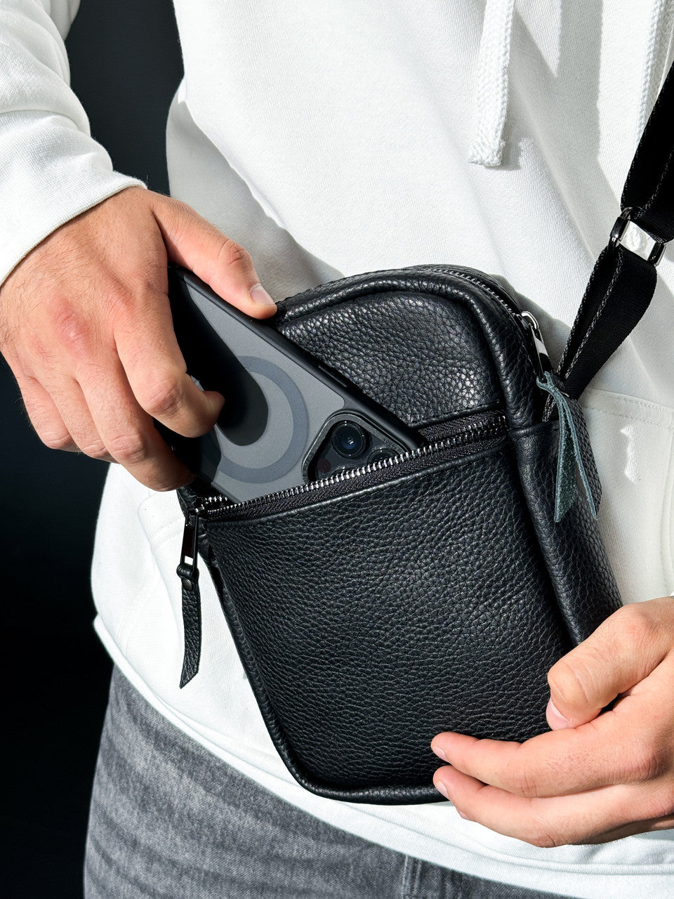 Handmade Black Leather Mens Messenger Bag Compact Crossbody Zipper Pocket