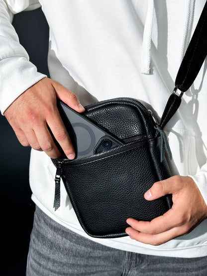Handmade Black Leather Mens Messenger Bag Compact Crossbody Zipper Pocket