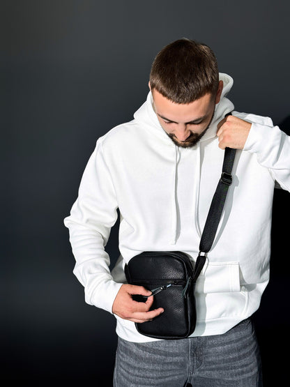 Handmade Black Leather Mens Messenger Bag Compact Crossbody Zipper Pocket