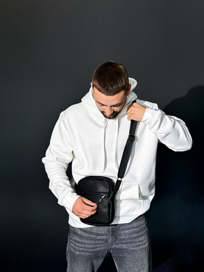 Handmade Black Leather Mens Messenger Bag Compact Crossbody Zipper Pocket